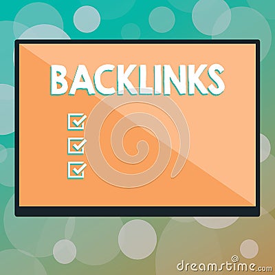 Text sign showing Backlinks. Conceptual photo incoming hyperlink from one web page to another big website Rectangular Shape Form Stock Photo