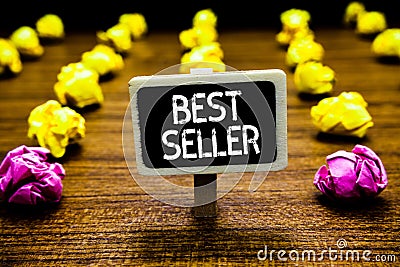 Text sign showing Best Seller. Conceptual photo book or other product that sells in very large numbers Blackboard crumpled papers Stock Photo