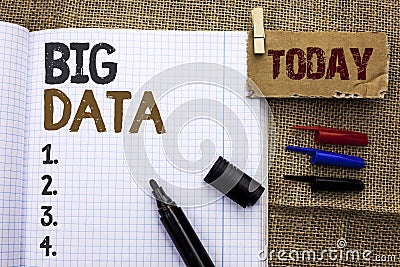 Text sign showing Big Data. Conceptual photo Huge Data Information Technology Cyberspace Bigdata Database Storage written on Noteb Stock Photo