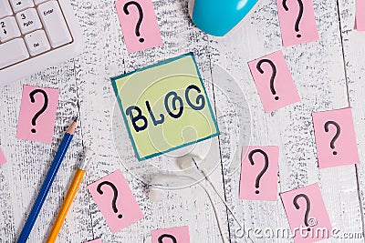 Text sign showing Blogquestion. Conceptual photo regularly updated website web page run by individual Writing tools Stock Photo