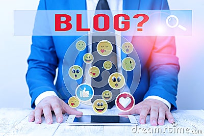 Text sign showing Blogquestion. Conceptual photo regularly updated website web page run by individual. Stock Photo