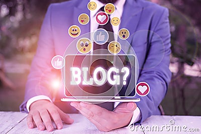 Text sign showing Blogquestion. Conceptual photo regularly updated website web page run by individual. Stock Photo