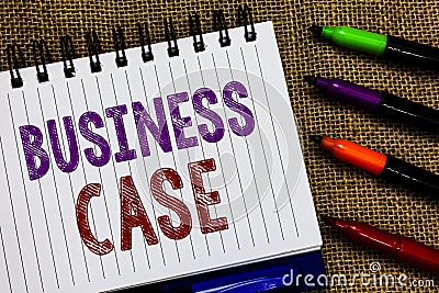 Text sign showing Business Case. Conceptual photo Proposition Undertaking Verbal Presentation New Task Open spiral notebook page j Stock Photo