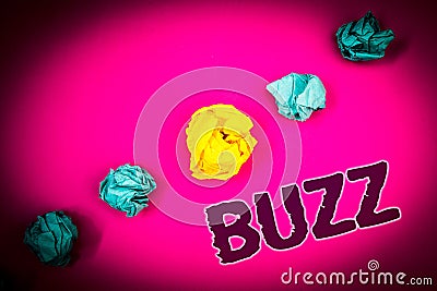Text sign showing Buzz. Conceptual photo Hum Murmur Drone Fizz Ring Sibilation Whir Alarm Beep Chime Ideas concept pink background Stock Photo