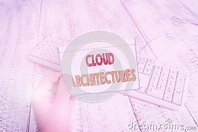 Text sign showing Cloud Architectures. Conceptual photo Various Engineered Databases Softwares Applications man holding colorful Stock Photo