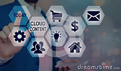 Text sign showing Cloud Content. Conceptual photo Standalone platform or supported by an additional services Stock Photo