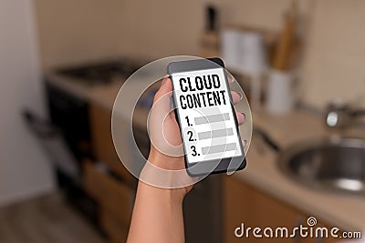 Text sign showing Cloud Content. Conceptual photo Standalone platform or supported by an additional services Stock Photo