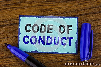 Text sign showing Code Of Conduct. Conceptual photo Follow principles and standards for business integrity written on Sticky Note Stock Photo