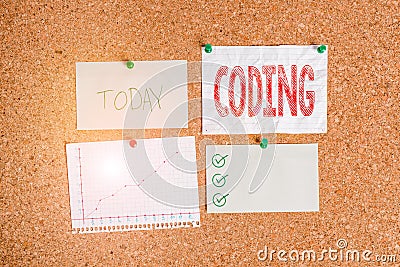 Text sign showing Coding. Conceptual photo assigning code to something for classification identification Corkboard color size Stock Photo