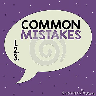 Text sign showing Common Mistakes. Conceptual photo actions that are often used interchangeably with error Speech Bubble Stock Photo