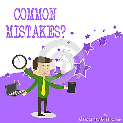 Text sign showing Common Mistakes Question. Conceptual photo repeat act or judgement misguided making something wrong. Stock Photo