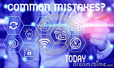 Text sign showing Common Mistakes Question. Conceptual photo repeat act or judgement misguided making something wrong Stock Photo