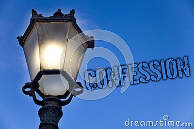 Text sign showing Confession. Conceptual photo Admission Revelation Disclosure Divulgence Utterance Assertion Light post blue sky Stock Photo