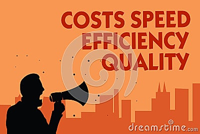 Text sign showing Costs Speed Efficiency Quality. Conceptual photo Efficient operation inputs outputs balance Man holding megaphon Stock Photo