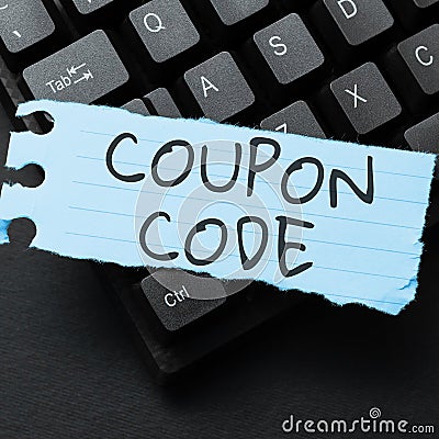 Text sign showing Coupon Code. Word Written on ticket or document that can be redeemed for a financial discount Stock Photo