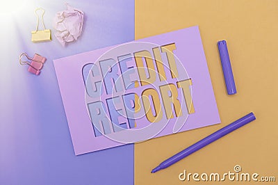Text sign showing Credit Report. Business idea Borrowing Rap Sheet Bill and Dues Payment Score Debt History Flashy Stock Photo