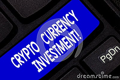 Text sign showing Crypto Currency Investment. Conceptual photo will become a longterm trusted store of value Keyboard Stock Photo