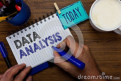 Text sign showing Data Analysis. Conceptual photo Translate numbers to Analytical Conclusion Forecasting Man holding marker notebo Stock Photo