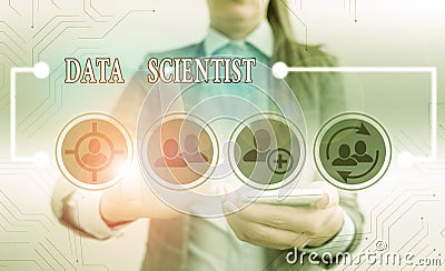 Text sign showing Data Scientist. Conceptual photo demonstrating employed to analyze and interpret complex digital data Stock Photo