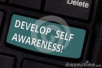 Text sign showing Develop Self Awareness. Conceptual photo Improve sharp realization of ones demonstratingality Keyboard Stock Photo
