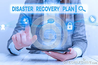 Text sign showing Disaster Recovery Plan. Conceptual photo having backup measures against dangerous situation Female Stock Photo