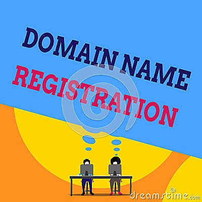 Text sign showing Domain Name Registration. Conceptual photo Own an IP Address Identify a particular Webpage Two men sitting Stock Photo