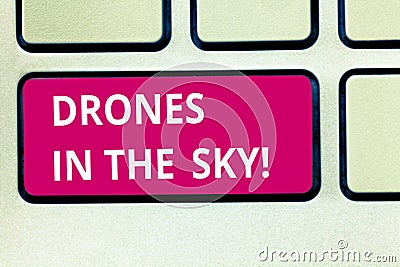 Text sign showing Drones In The Sky. Conceptual photo Aerial helicopter modern device taking pictures and video Keyboard Stock Photo