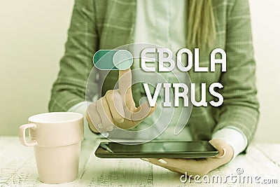 Text sign showing Ebola Virus. Conceptual photo a viral hemorrhagic fever of huanalysiss and other primates Business woman sitting Stock Photo