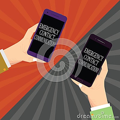 Text sign showing Emergency Contact Communication. Conceptual photo Notification system or plans during crisis Two Hu Stock Photo