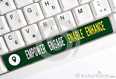 Text sign showing Empower Engage Enable Enhance. Conceptual photo Empowerment Leadership Motivation Engagement White pc Stock Photo