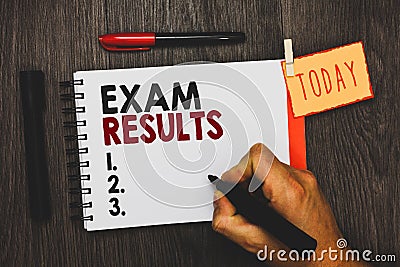 Text sign showing Exam Results. Conceptual photo An outcome of a formal test that shows knowledge or ability Man holding marker no Stock Photo