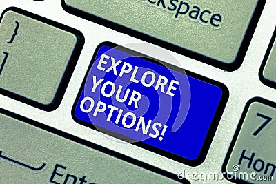 Text sign showing Explore Your Options. Conceptual photo trying to get more information to make a decision Keyboard key Stock Photo