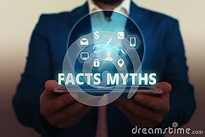 Text sign showing Facts Myths. Conceptual photo work based on imagination rather than on real life difference. Stock Photo