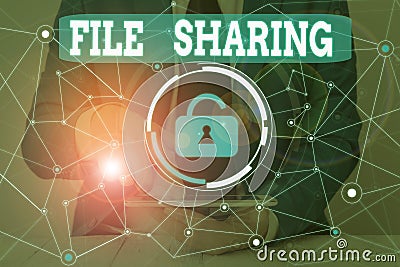 Text sign showing File Sharing. Conceptual photo transmit files from one computer to another over a network Male human Stock Photo