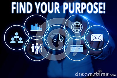 Text sign showing Find Your Purpose. Conceptual photo reason for something is done or for which still exists Woman wear Stock Photo