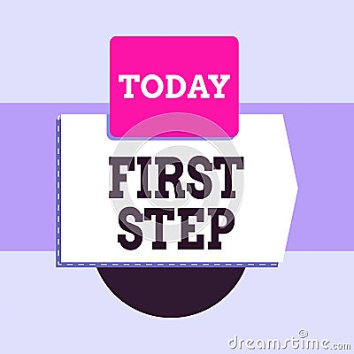 Text sign showing First Step. Conceptual photo The first of a series of actions Act of starting something Blank banner Stock Photo