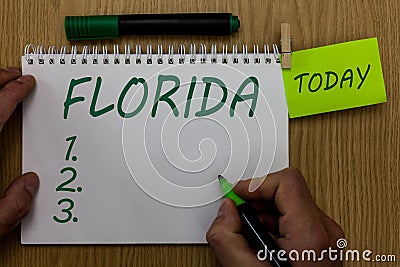 Text sign showing Florida. Conceptual photo State in southeastern region of United States Sunny place Beaches Man Stock Photo