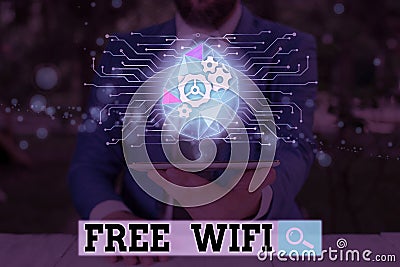 Text sign showing Free Wifi. Conceptual photo let you connect to the Internet in public places without paying. Stock Photo