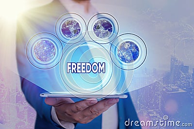 Text sign showing Freedom. Conceptual photo liberty rather than in confinement or under physical restraint Elements of this image Stock Photo