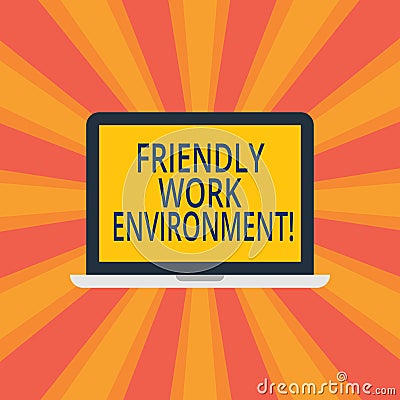 Text sign showing Friendly Work Environment. Conceptual photo Integrating stronger social dynamics workplace Laptop Monitor Stock Photo