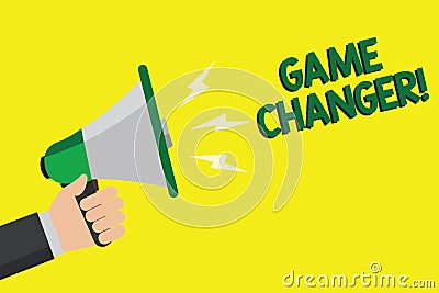 Text sign showing Game Changer. Conceptual photo Sports Data Scorekeeper Gamestreams Live Scores Team Admins Man holding megaphone Stock Photo