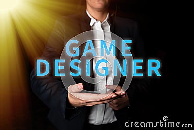 Text sign showing Game Designer. Business idea Campaigner Pixel Scripting Programmers Consoles 3D Graphics Stock Photo