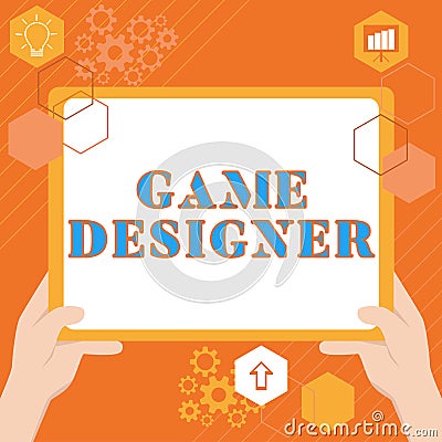 Text sign showing Game Designer. Business showcase Campaigner Pixel Scripting Programmers Consoles 3D Graphics Stock Photo