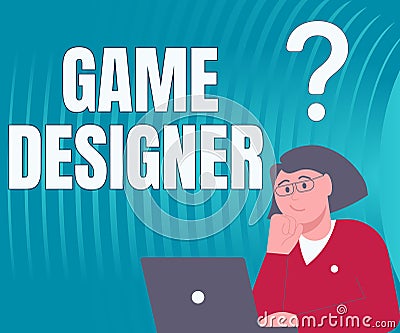 Text sign showing Game Designer. Conceptual photo Campaigner Pixel Scripting Programmers Consoles 3D Graphics Lady Stock Photo