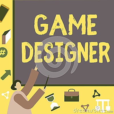 Text sign showing Game Designer. Word Written on Campaigner Pixel Scripting Programmers Consoles 3D Graphics Businessman Stock Photo