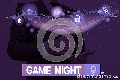 Text sign showing Game Night. Conceptual photo event in which folks get together for the purpose of getting laid. Stock Photo