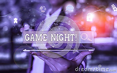 Text sign showing Game Night. Conceptual photo usually its called on adult play dates like poker with friends Picture Stock Photo