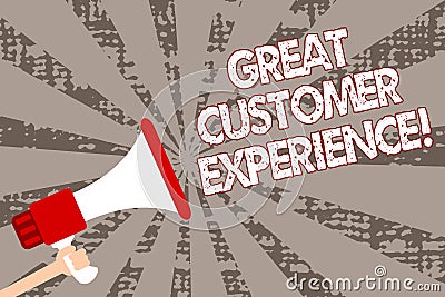 Text sign showing Great Customer Experience. Conceptual photo responding to clients with friendly helpful way Man holding megaphon Stock Photo