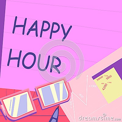 Text sign showing Happy Hour. Business overview Spending time for activities that makes you relax for a while Paper Stock Photo