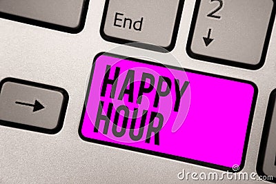 Text sign showing Happy Hour. Conceptual photo Spending time for activities that makes you relax for a while Keyboard purple key I Stock Photo